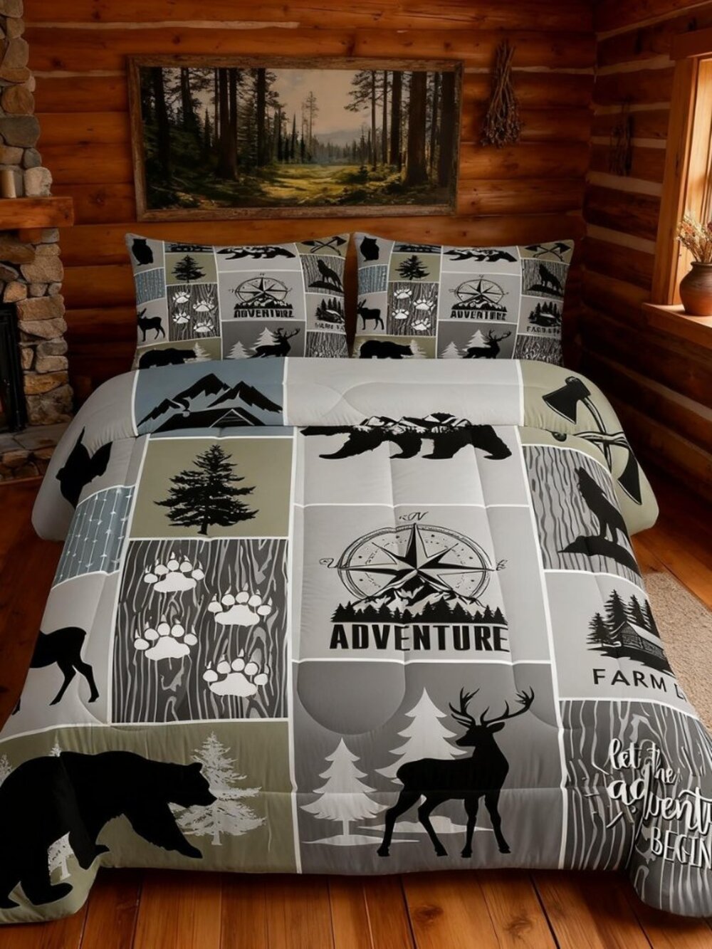 Rustic Farmhouse Cabin Kids Comforter Set Twin Size,Deer Bear Hunting Adventure
